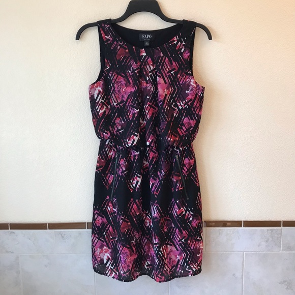 Expo New York Sleeveless Dress Size 12 POCKETS Geometric Print Black Pink - Picture 1 of 9